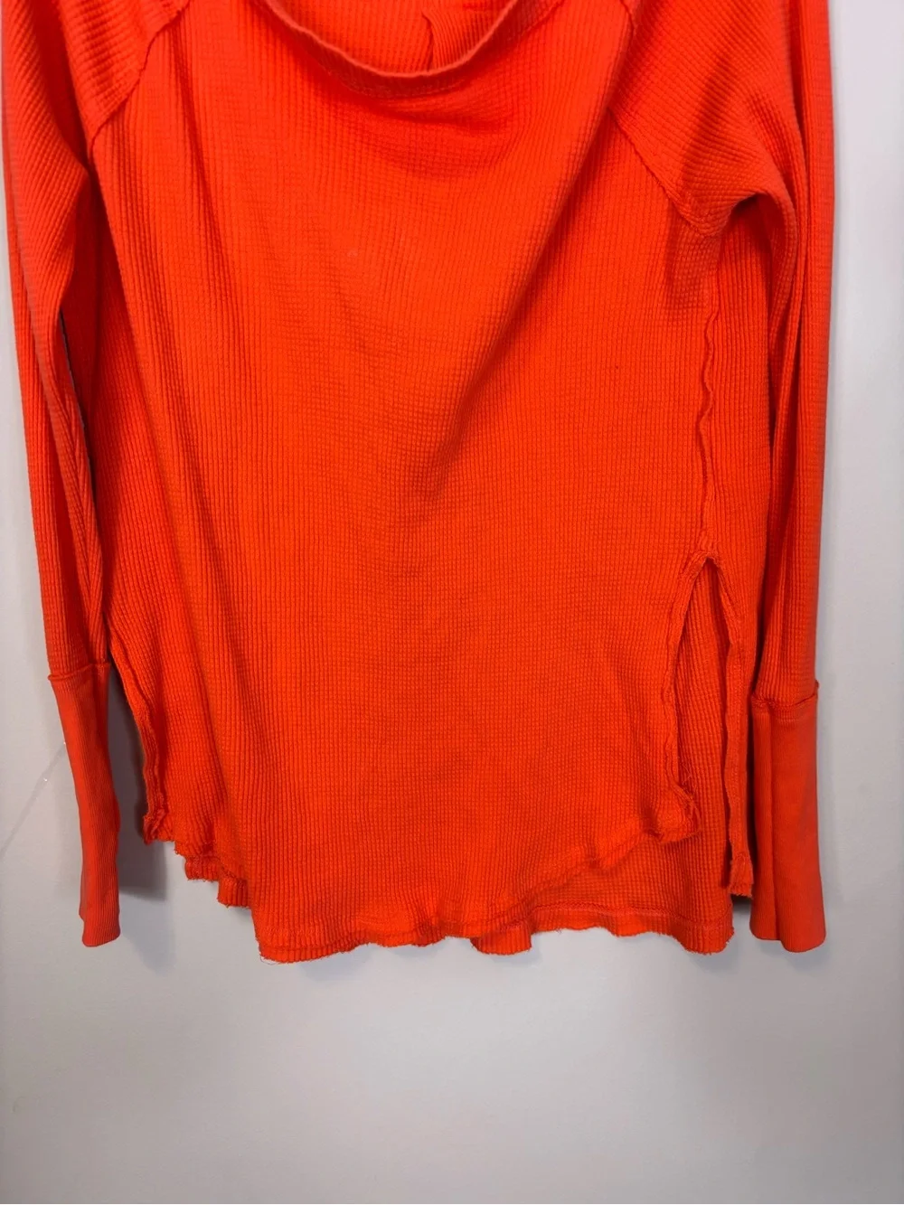 Free People Bright Orange Long Sleeve Waffle Knit Long Sleeve Top Size Small